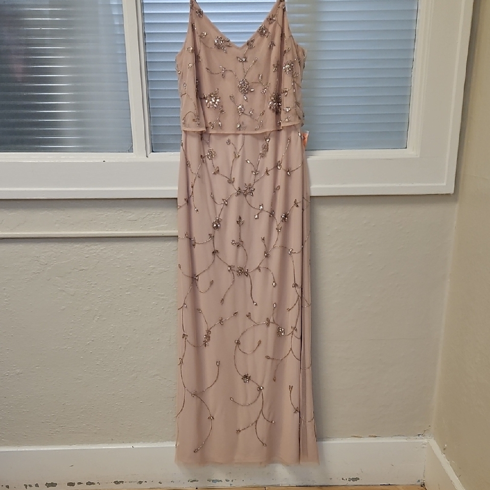 Size 12 pink beaded vine/floral sheath w/ flounce popever style top by Adrianna